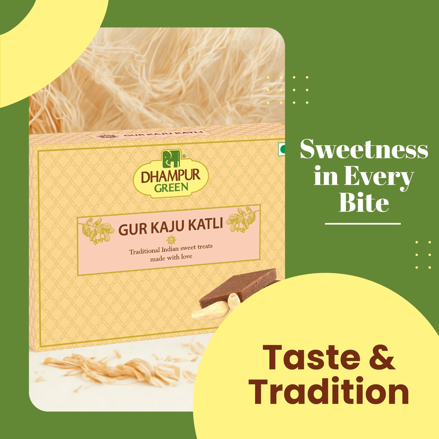 Dhampur Green Gur Kaju Katli made with natural jaggery and premium cashews, perfect for Navratri prasad and gifting.