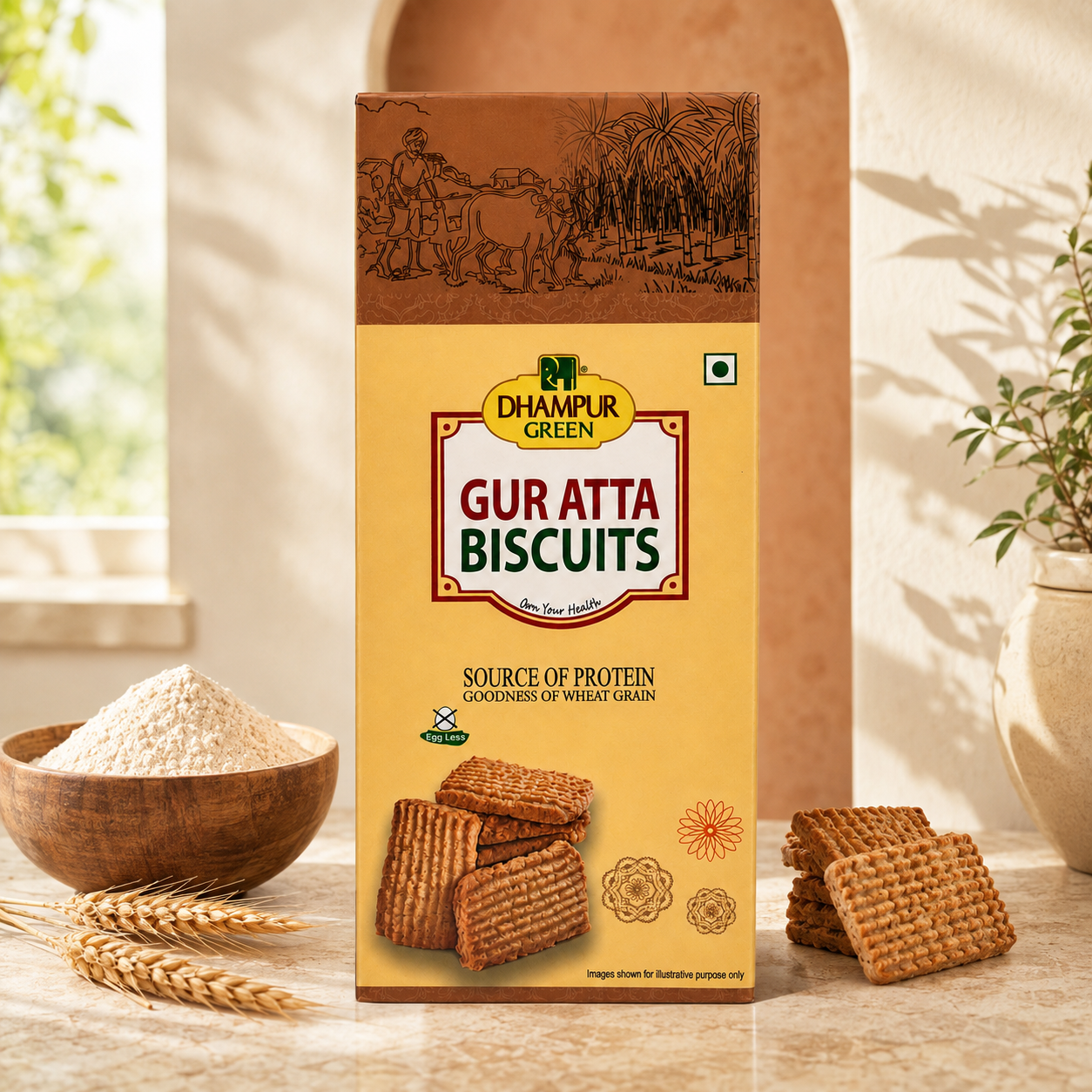 A box of Dhampur Green Gur Atta Biscuits stands on a tabletop in a styled kitchen-like setting, with wheat stalks, a bowl of flour, and biscuit pieces around it. The package is tan and cream with printed wheat imagery and product branding.