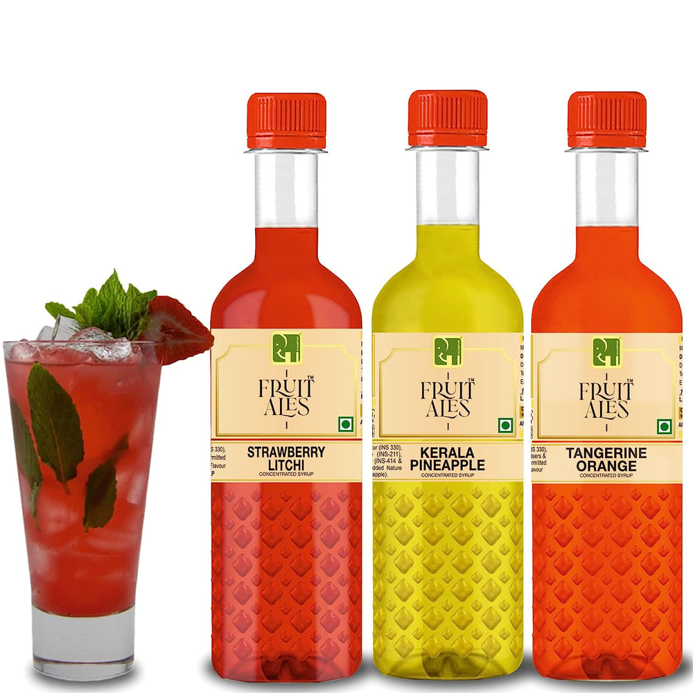 Mocktail Syrup - Strawberry Litchi, Orange Lemonade & Kerala Pineapple for House Parties - (3x300ml)