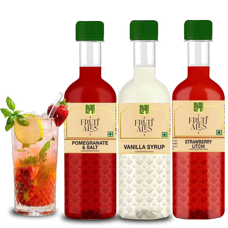 Mocktail Syrups Combo - Pomegranate & Salt, Strawberry Litchi and Vanilla Syrup- (3x300ml) - Dhampur Green