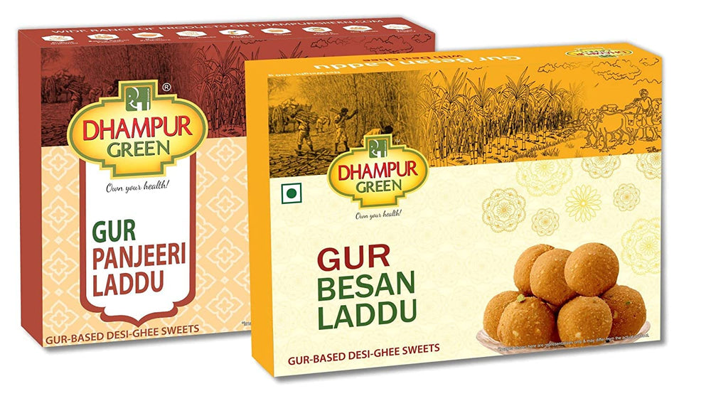 Dhampur Green Sweets Mithai Gift Box - Gur Besan Laddu 500g & Panjeeri Laddu Ladoo Laddoo 400g