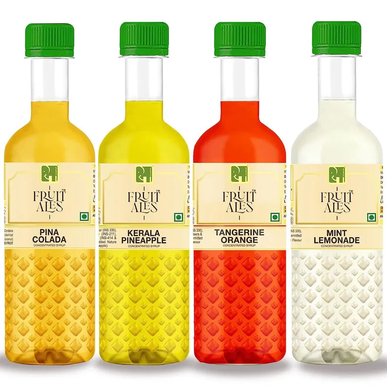 Mocktail Syrups Combo Pack of 4 - Pina Colada, Kerala Pineapple, Tangerine Orange & Mint Lemonade Syrups - (4x300ml) - Dhampur Green