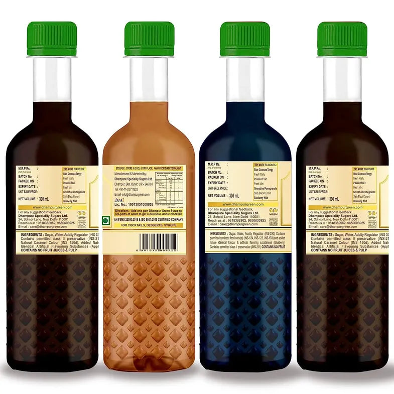 Mocktail Syrups Combo - Fruit Beer, Ginger Ale, Blue Curacao & Himalayan Apple Syrups - (4x300ml) - Dhampur Green