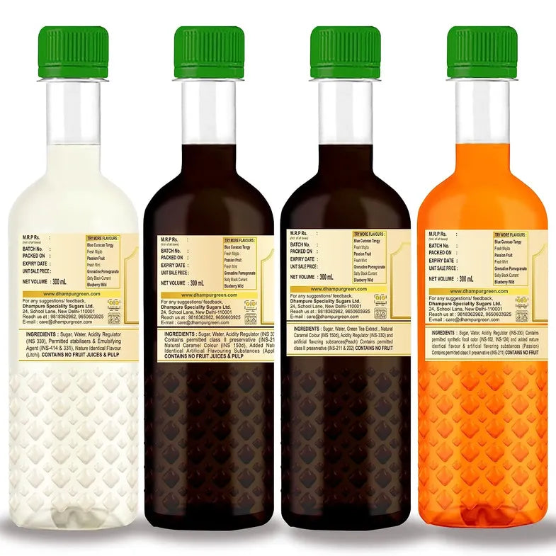 Mocktail Syrups Combo - Lemon Litchi, Himalayan Apple, Lime Ice Tea, Passion Fruit Syrups - (4x300ml) - Dhampur Green