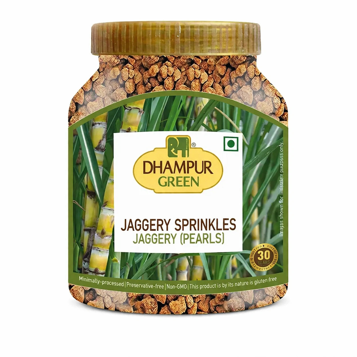 Jar of Dhampur Green Jaggery Sprinkles on a white background