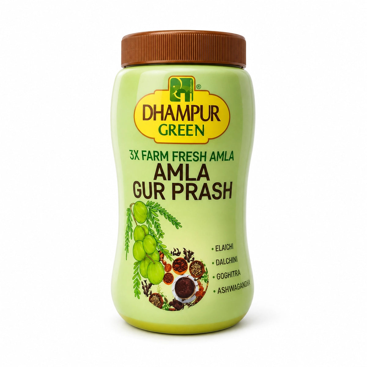 A bottle of Dhampur Green Amla Gur Prash on a white background