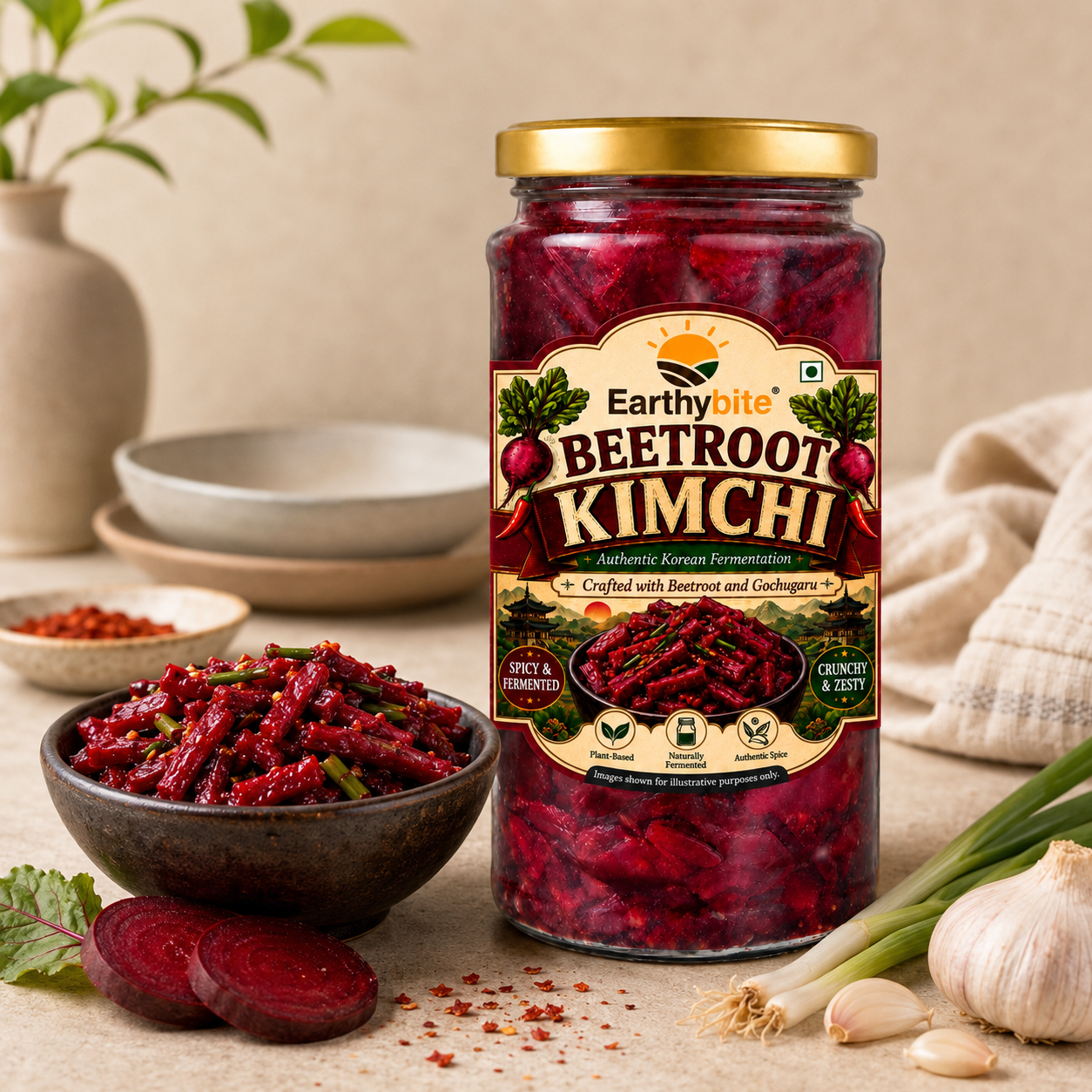Earthy Bite Beetroot Kimchi loaded with fermented probiotics goods for gut health by Dhampur Green