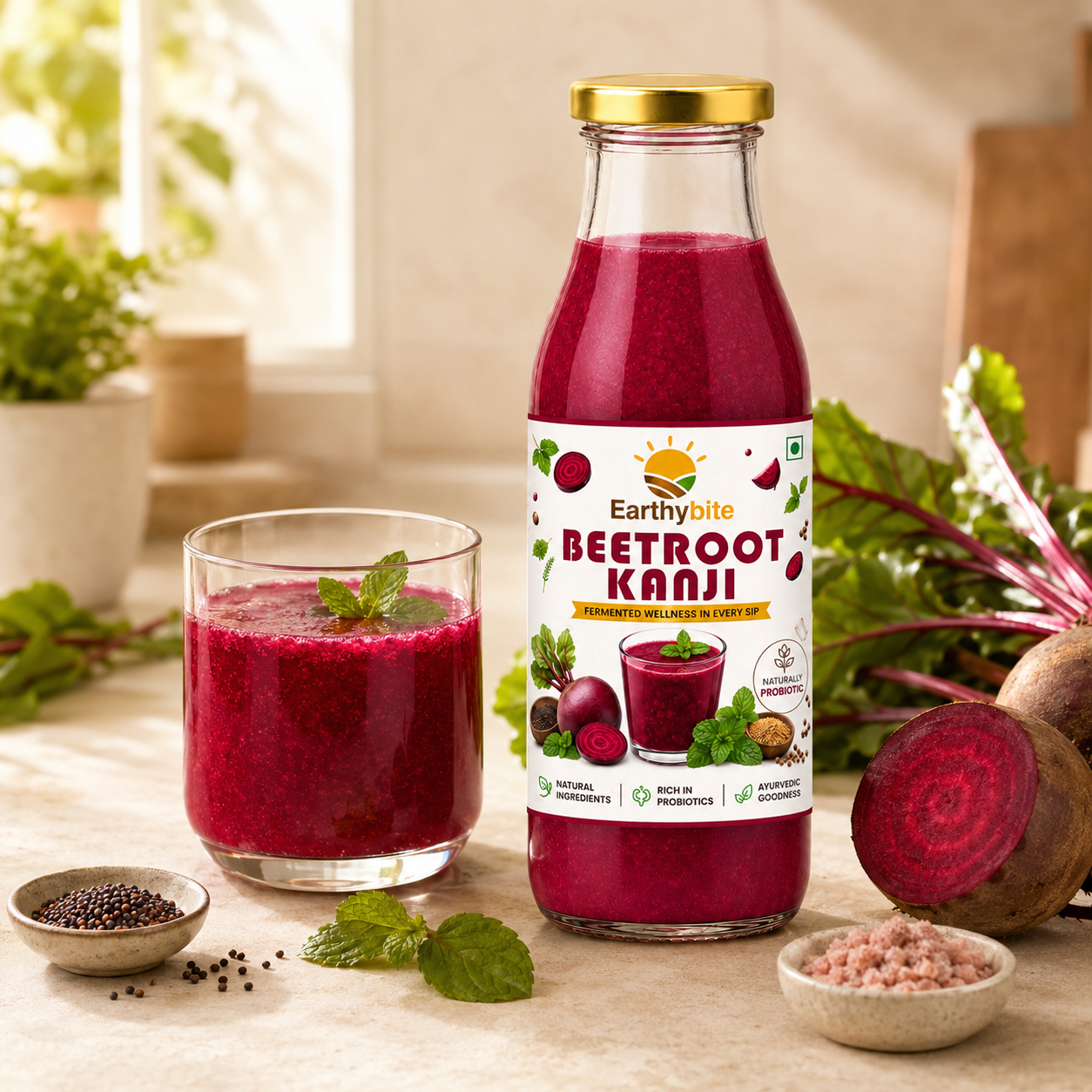Earthy Bite beetroot Kanji loaded with fermented probiotics goods for gut health by Dhampur Green