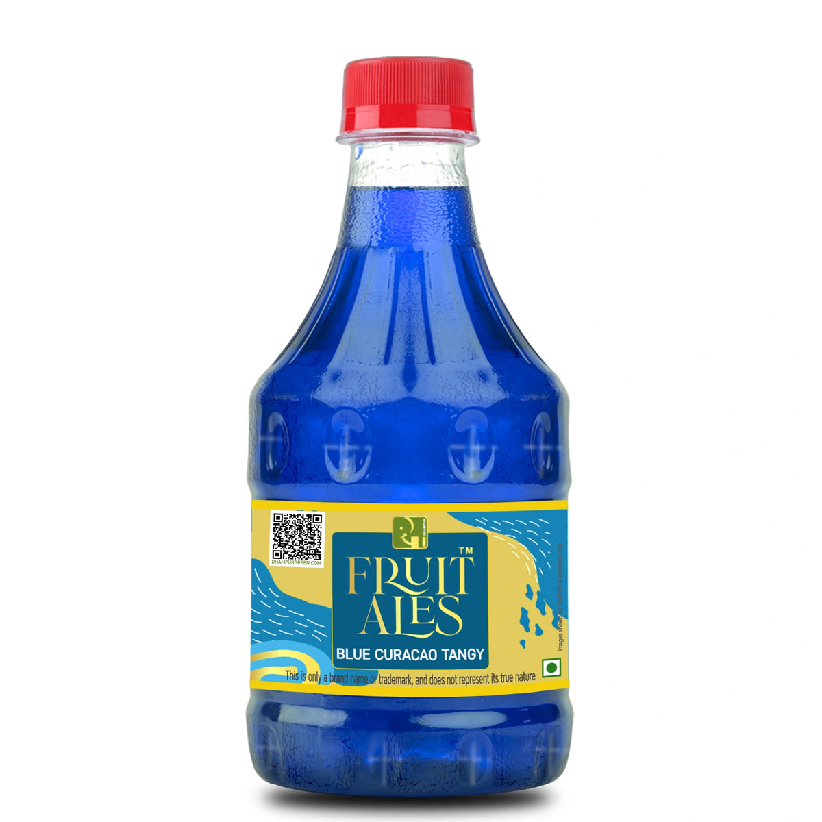 Blue bottle of Fruit Ales Blue Curacao with a red cap on a white background by Dhampur Green