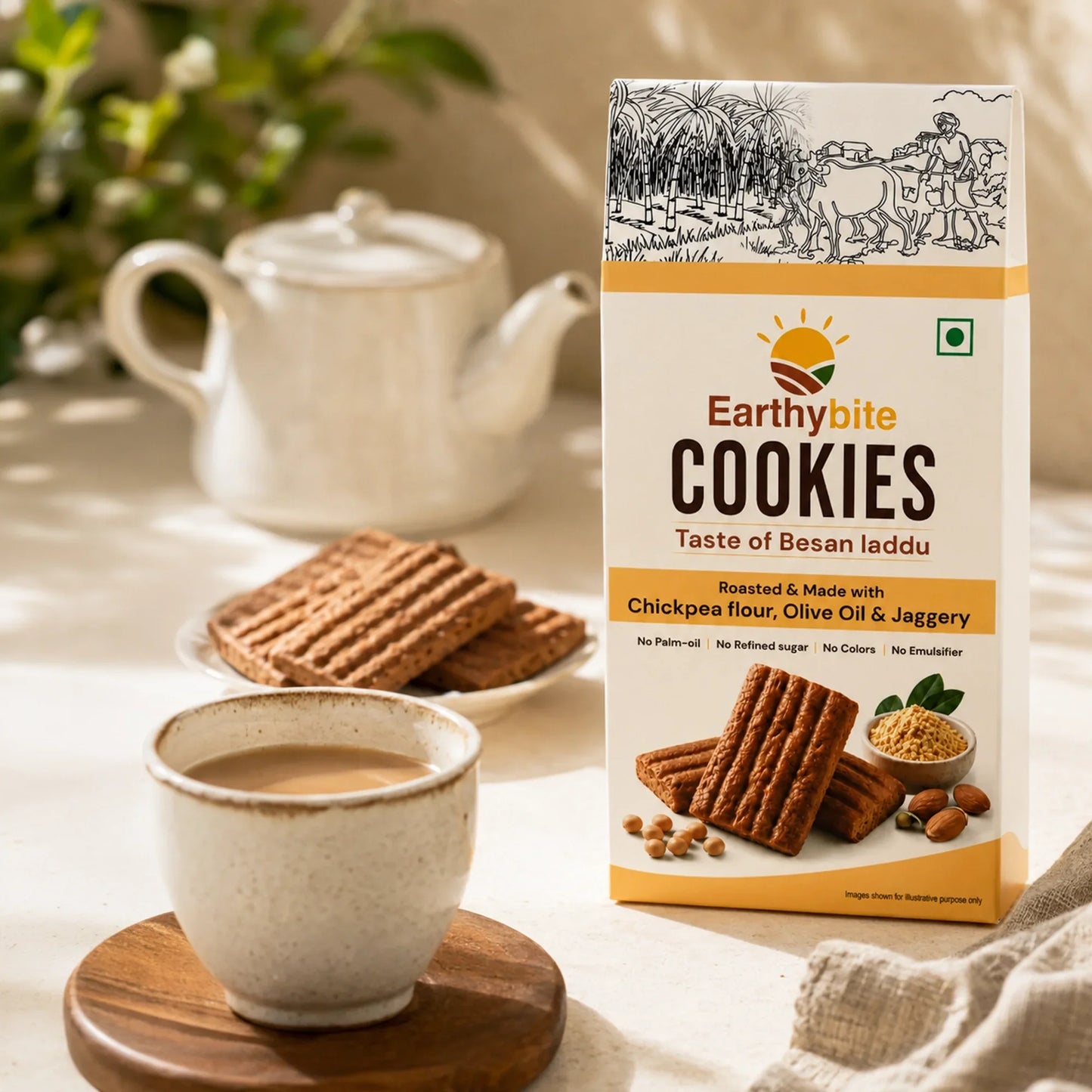 Earthybite Cookies product box displayed prominently on the table in the foreground. The scene is warmly lit and cup of tea and cookies on the plate placed next to the cookies box.