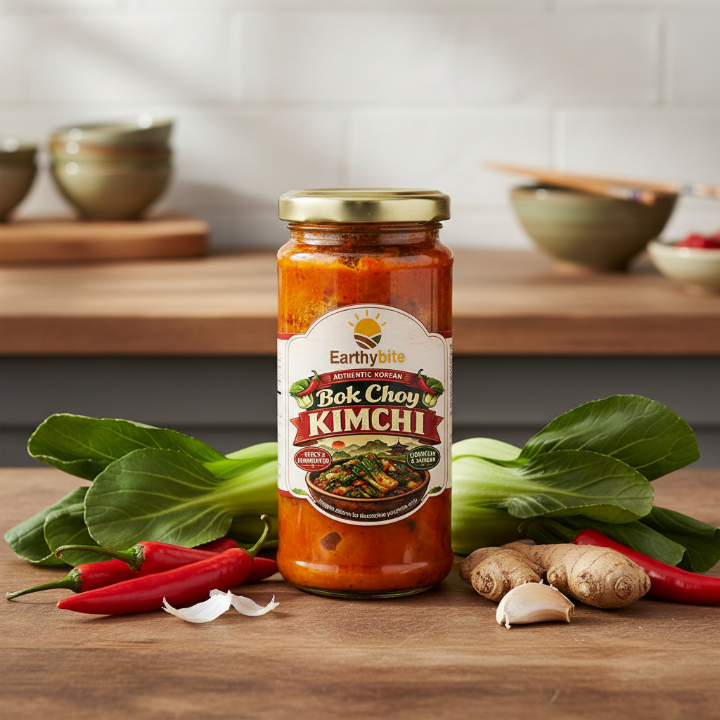Jar of Earthly Bites Bok Choy Kimchi on a wooden surface with vegetables  by Dhampur Green