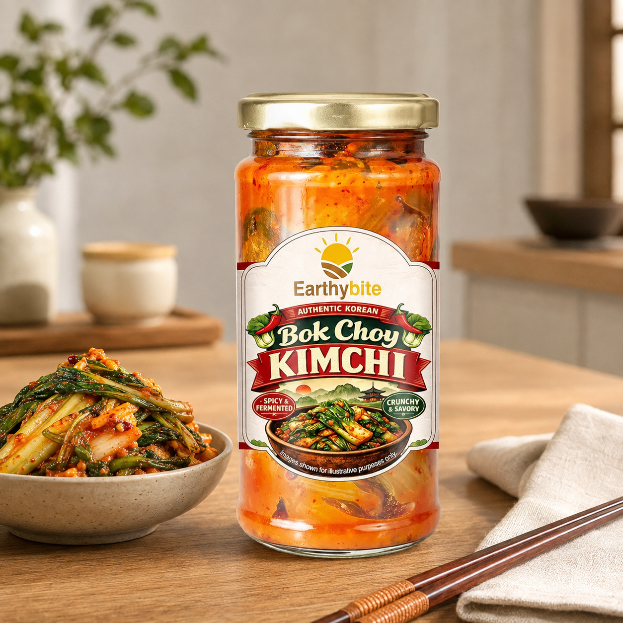 Jar of Earthly Bites Bok Choy Kimchi by Dhampur Green on a wooden surface with bowl full of the same product and wooden chopstick and napkin on the table.