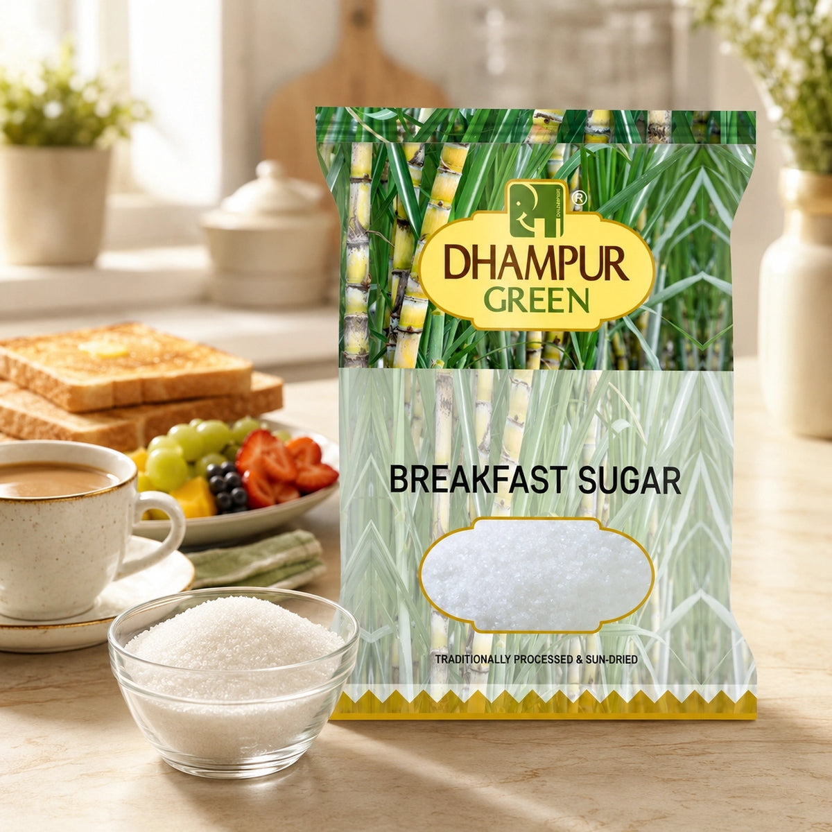 A bag of Dhampur Green Breakfast Sugar stands on a wooden table in a kitchen setting, with a cup of coffee, toast, and a bowl of sugar in front of it.