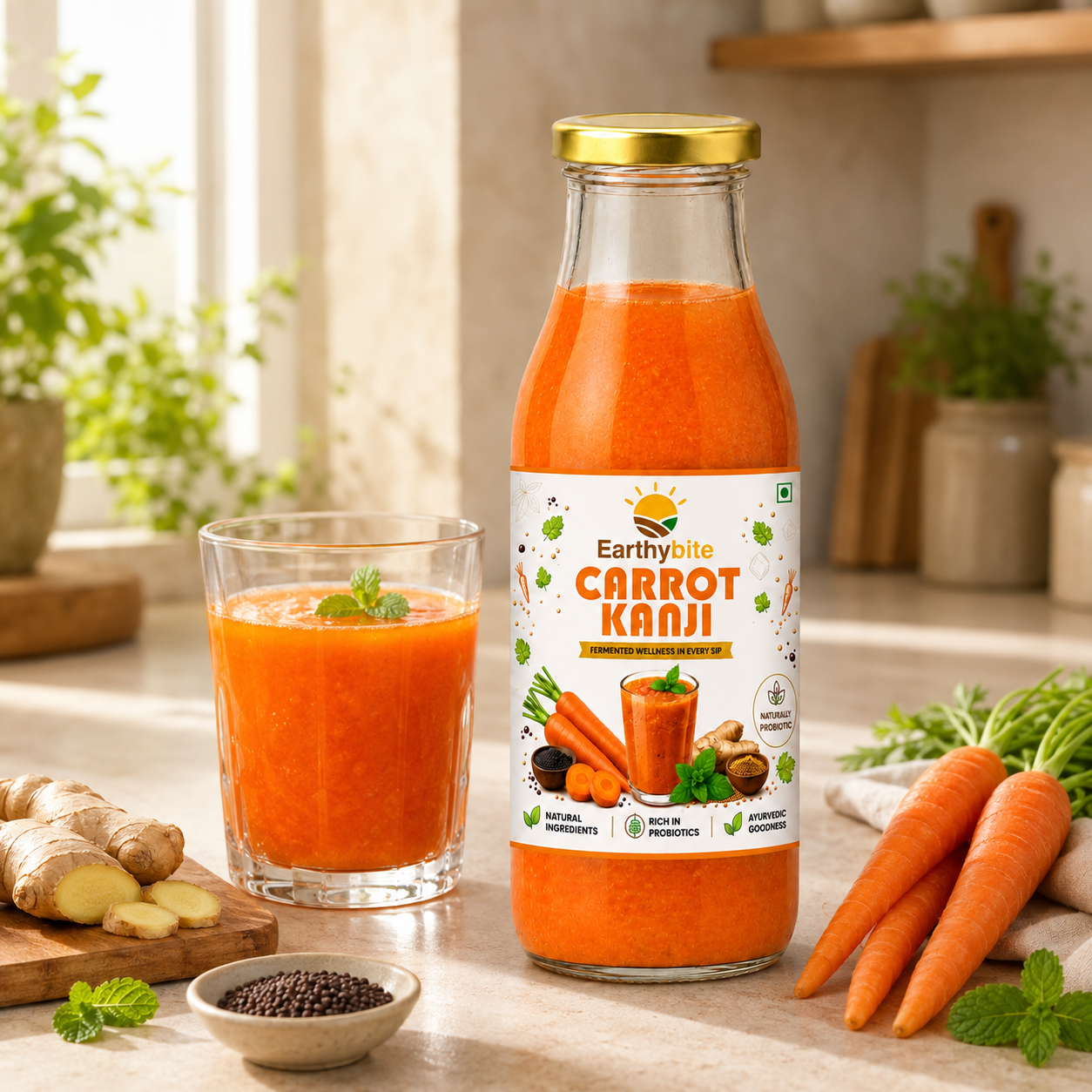 Earthy Bite Carrot Kanji loaded with fermented probiotics goods for gut health by Dhampur Green