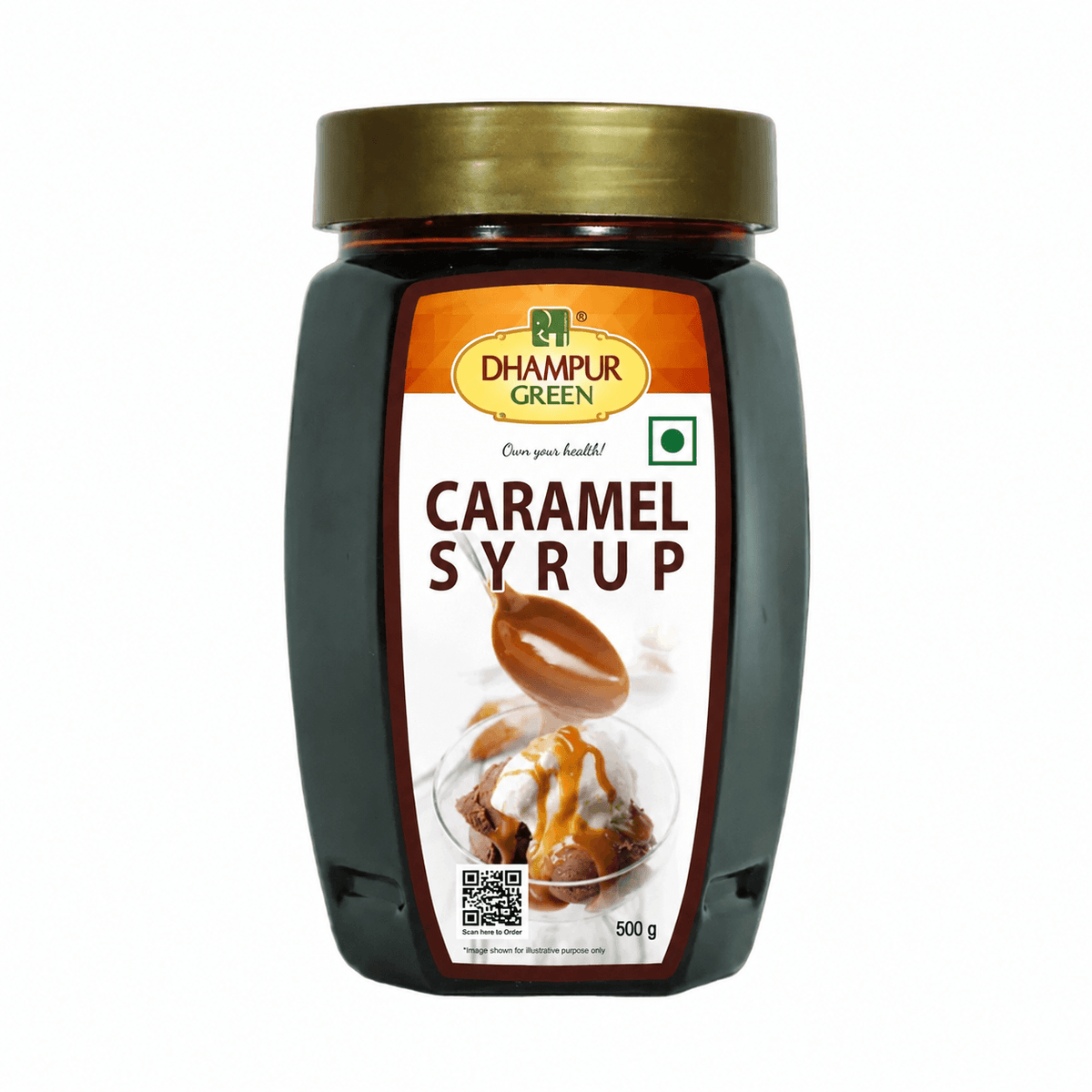 A 500g jar of Dhampur Green Caramel Syrup with a gold lid and a white label featuring brown caramel imagery, set against a plain white background.