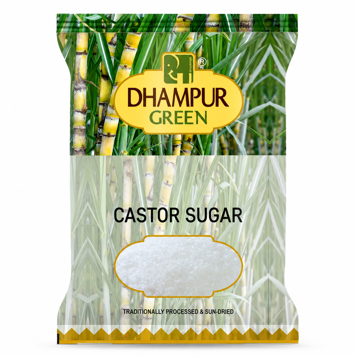 A bag of Dhampur Green Castor Sugar, featuring a green and yellow design with a picture of sugarcane stalks and a clear window showing the white sugar inside.
