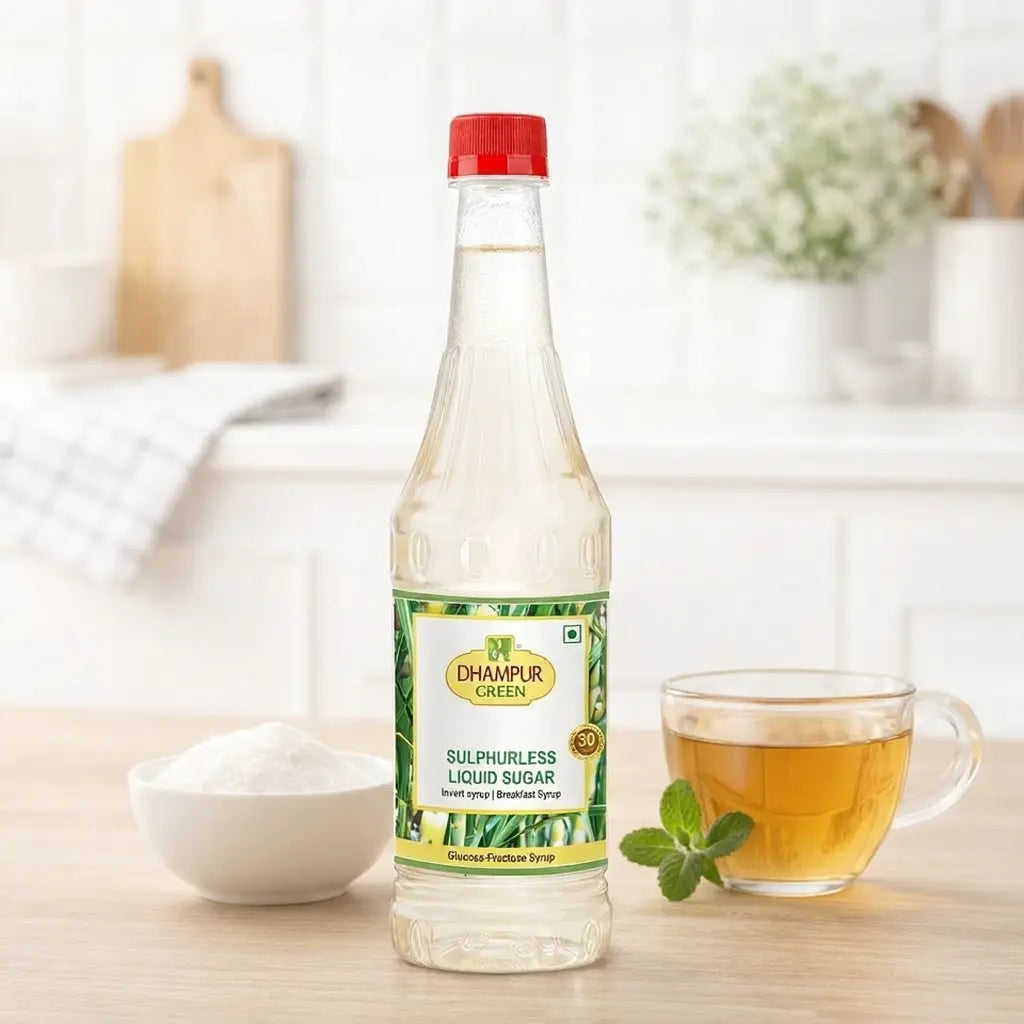 Bottle of Dhampur Green liquid sugar on a table with a cup of tea and a bowl of sugar.