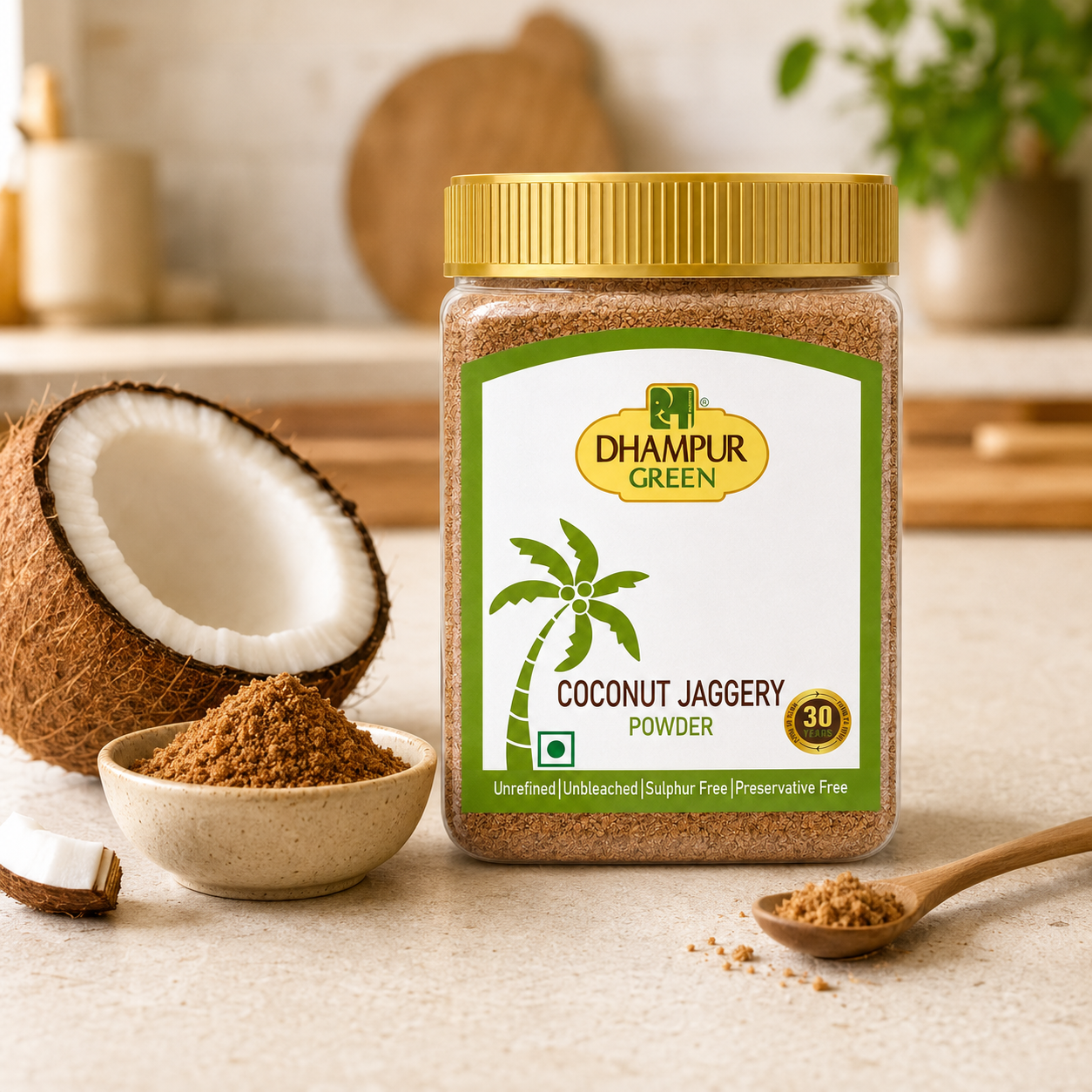A jar of Dhampur Green Coconut Jaggery Powder stands on a light stone surface, with a halved coconut, a small bowl of brown powder, and a wooden spoon nearby. The background is softly blurred with warm neutral decor.