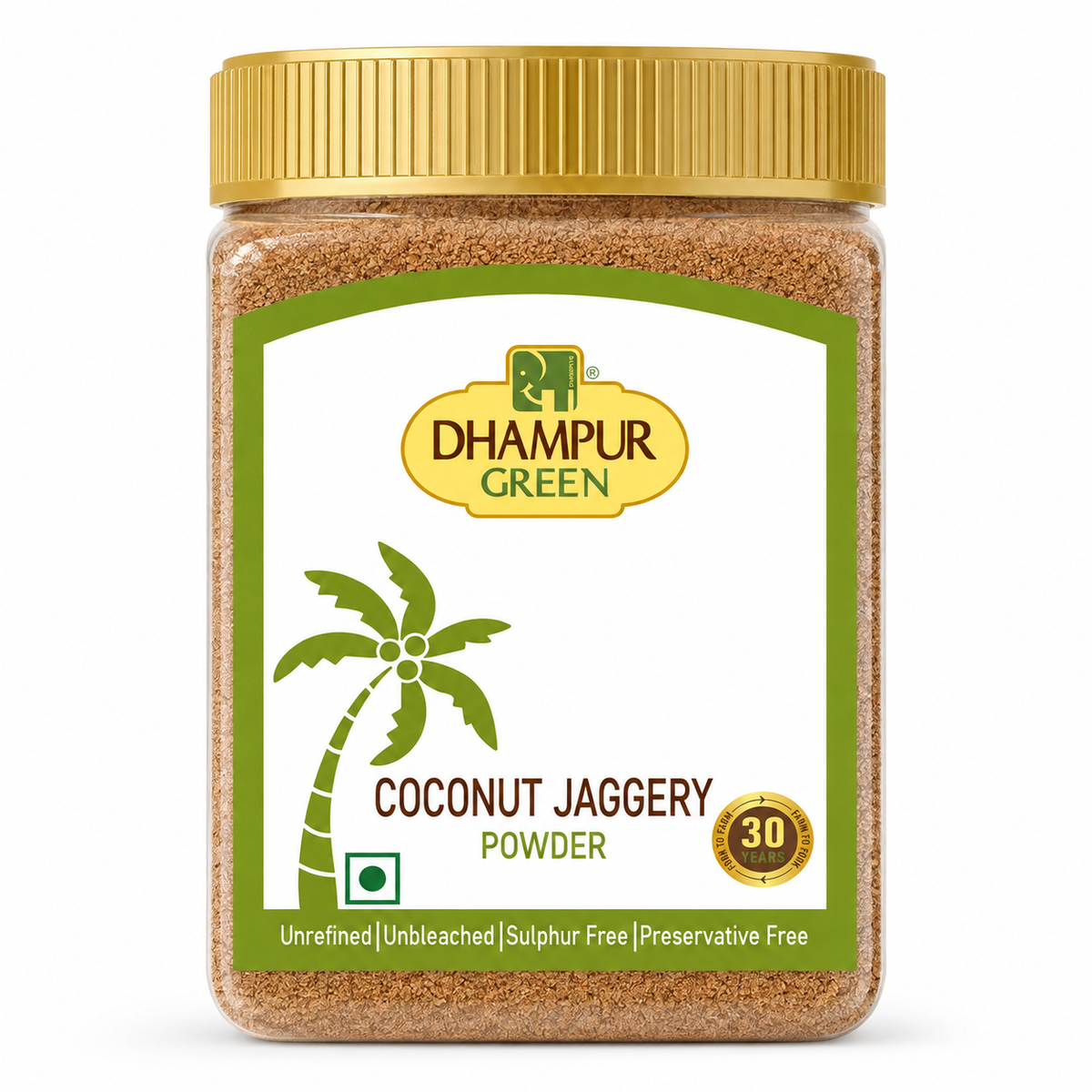 A jar of Dhampur Green Coconut Jaggery Powder with a gold ribbed lid and a white label featuring green accents and a palm tree illustration.