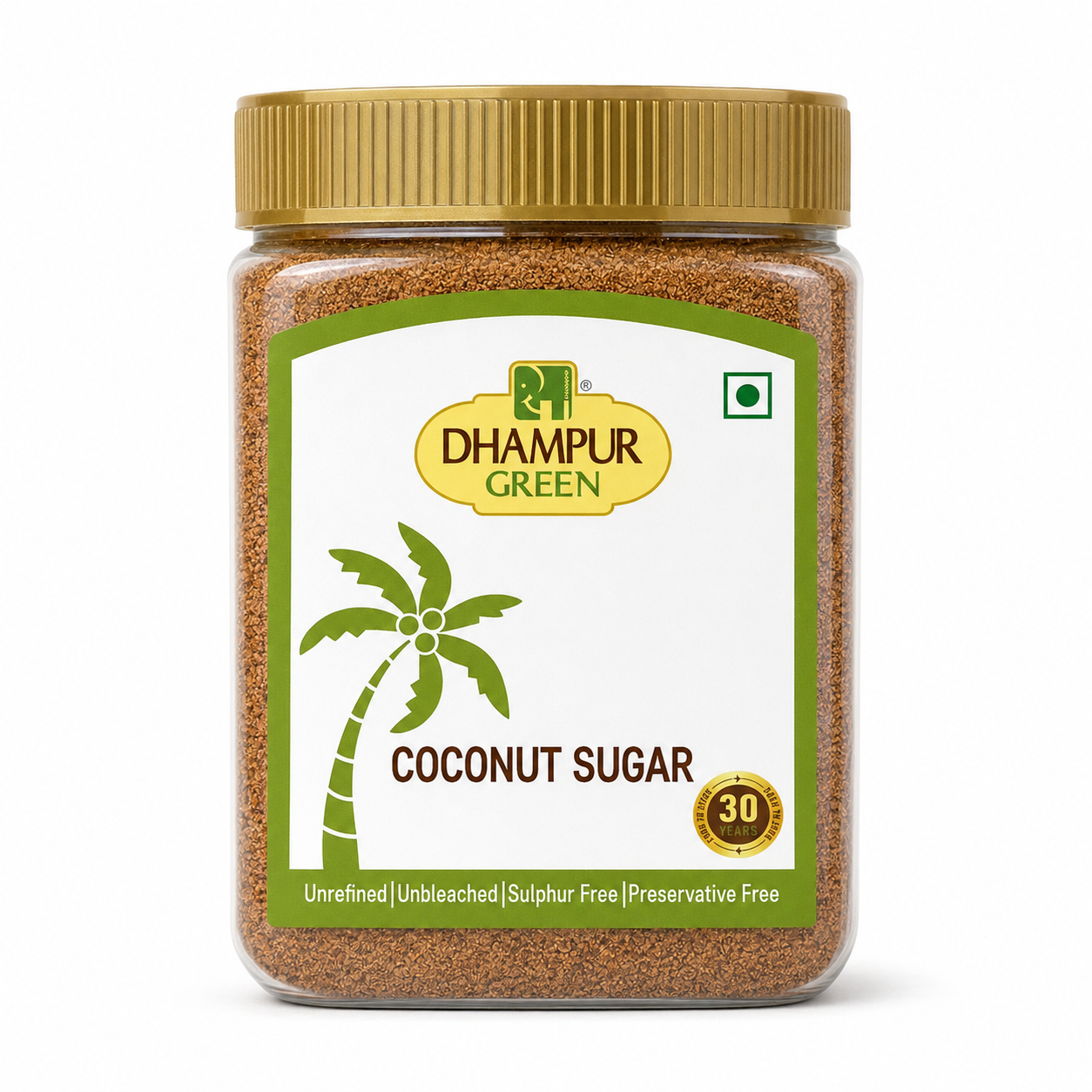 A jar of Dhampur Green Coconut Sugar with a gold-colored lid and a white label featuring a green palm tree logo, set against a plain white background.