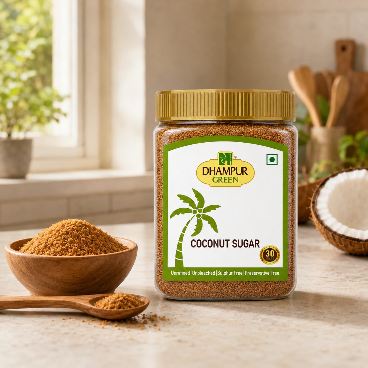 A jar of Dhampur Green Coconut Sugar stands on a kitchen counter with a bowl, spoon, and half a coconut nearby, suggesting a natural cooking ingredient setting.