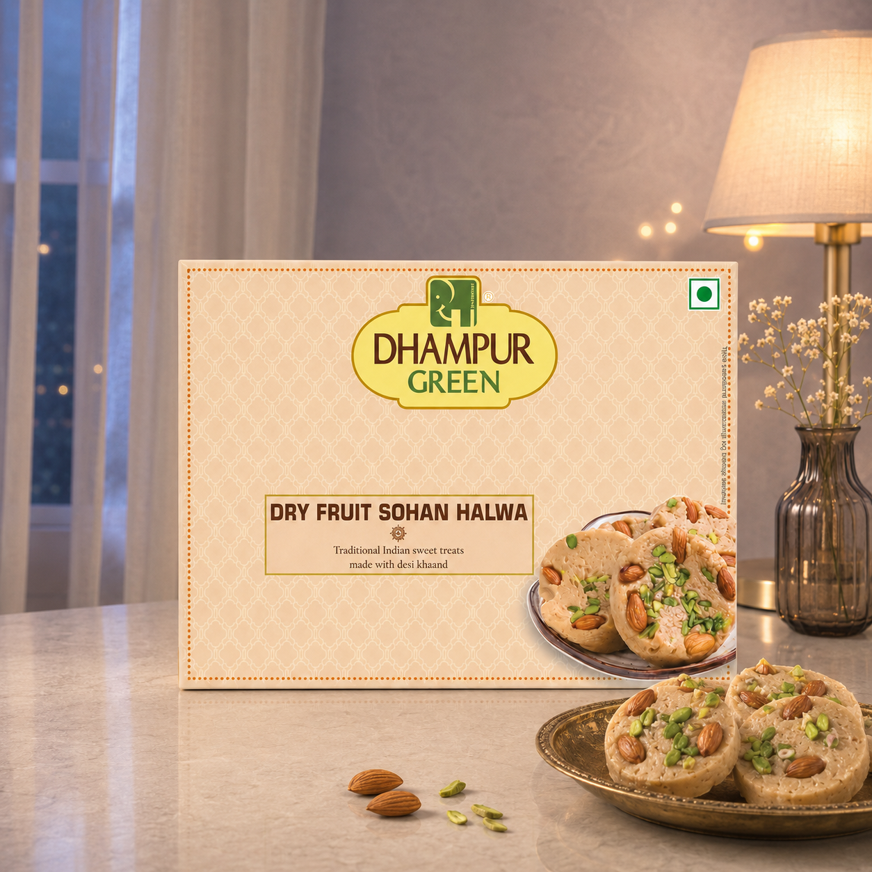 Dhampur Green Dry Fruit Sohan Halwa box displayed on a tabletop next to a plate of sliced cookies with almonds and green chives, with a lamp in the background.