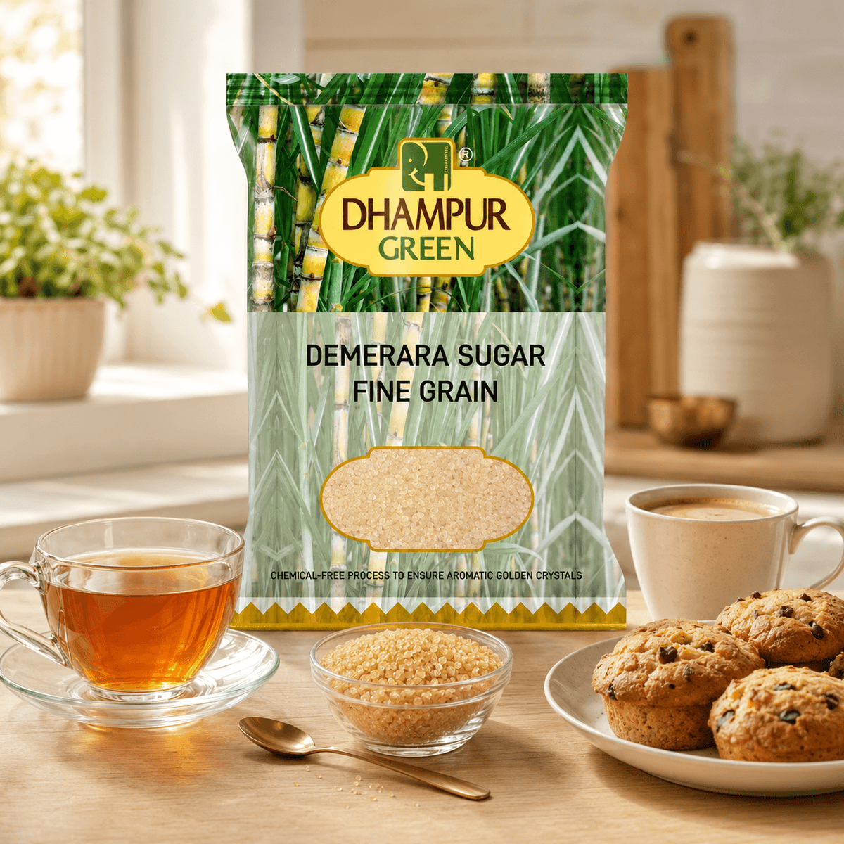 A bag of Dhampur Green Demerara Sugar Fine Grain stands on a wooden table in a kitchen setting, surrounded by a glass cup of tea, a bowl of sugar, and muffins.