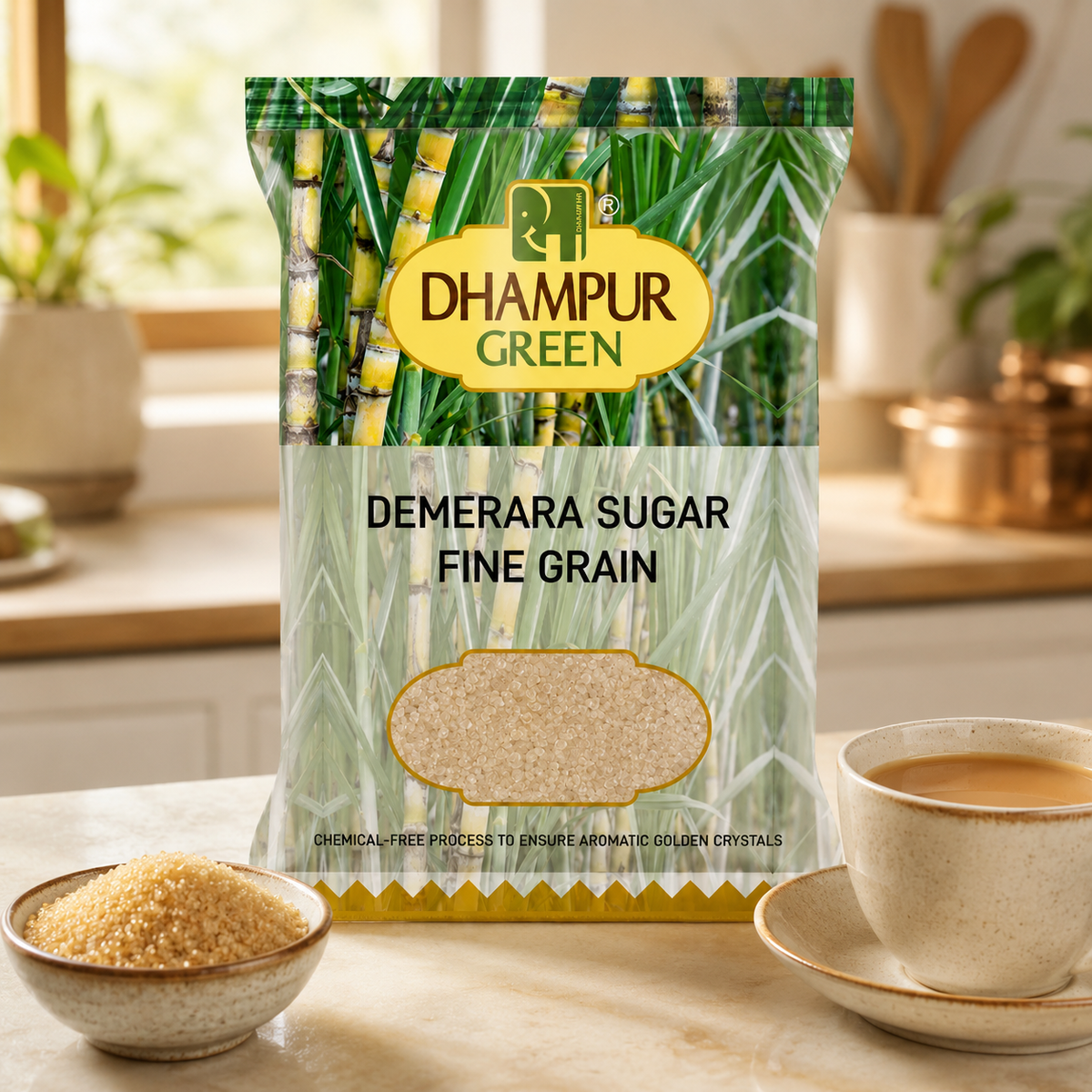 Dhampur Green Demerara Sugar Fine Grain pack on kitchen tabletop placed along with cup of tea and bowl full of demerara sugar