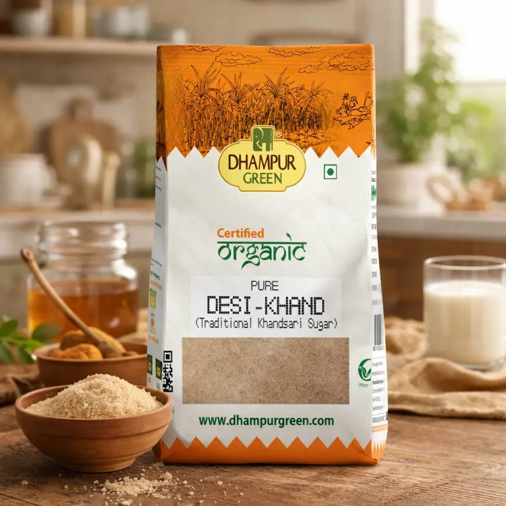 Dhampur Green Desi Khand organic sugar package on a kitchen counter with a bowl of sugar and kitchen items in the background.