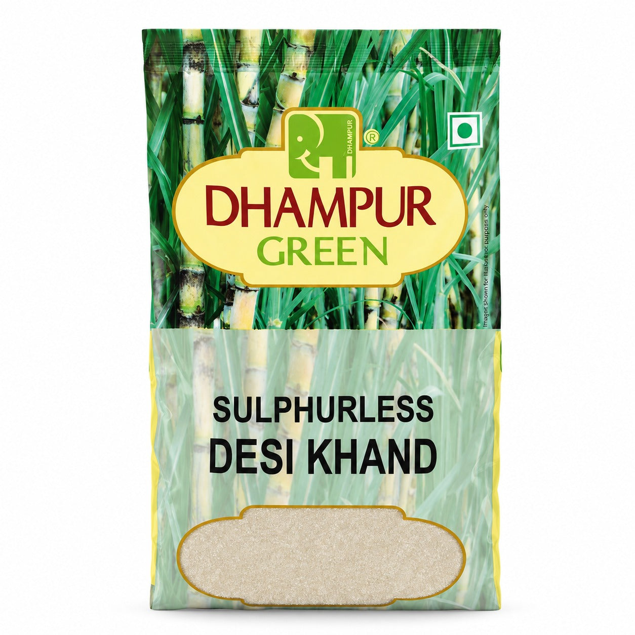 A bag of Dhampur Green Sulphurless Desi Khand sugar, featuring a green sugarcane background with a yellow brand label and a clear window showing the organic desi khand sugar made from sugarcane inside.