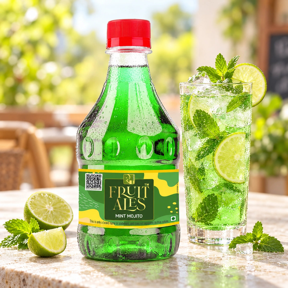 A bottle of Fruit Ales Mint Mojito soda with a red cap and green label, shown next to a tall glass of green iced drink with lime slices and mint leaves on a stone surface outdoors.