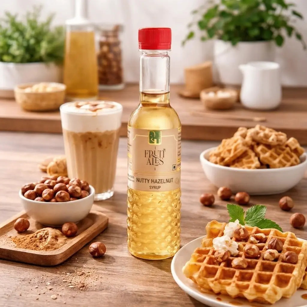 Bottle of Fruit Ales Nutty Hazelnut syrup on a table with waffles and hazelnuts.
