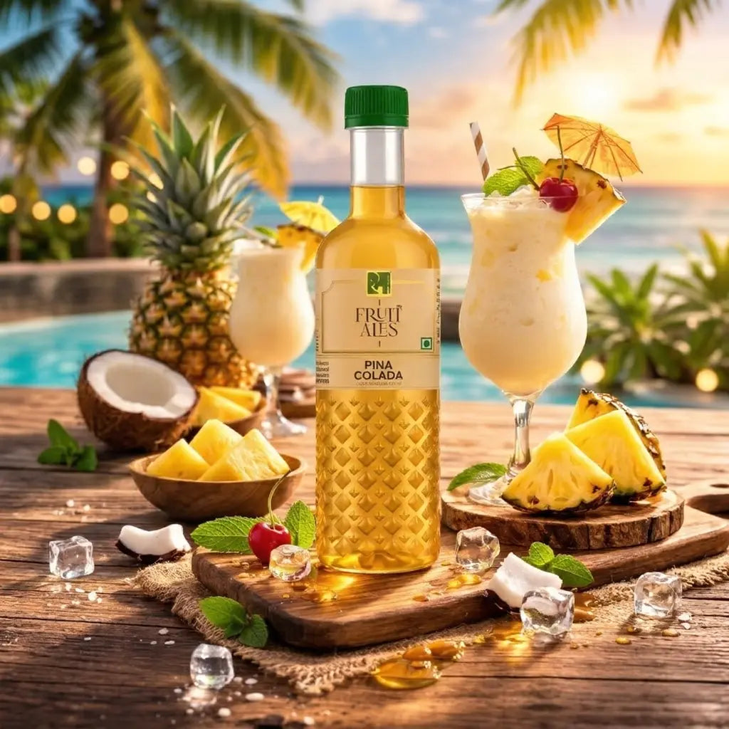 Fruit Ales Pina Colada bottle with cocktails and fruits on a wooden table by a poolside.