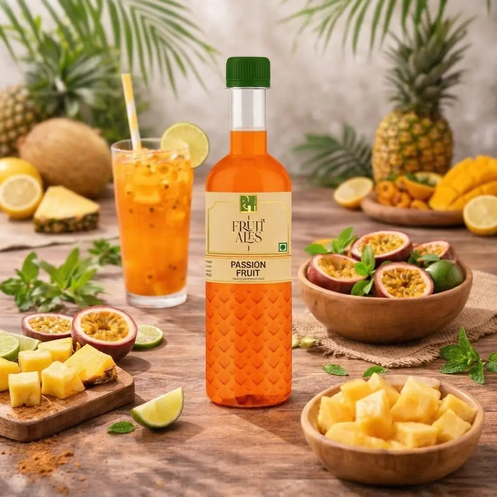 Bottle of Fruit Ales passion fruit juice with a glass of juice, fruits, and a pineapple on a wooden table.