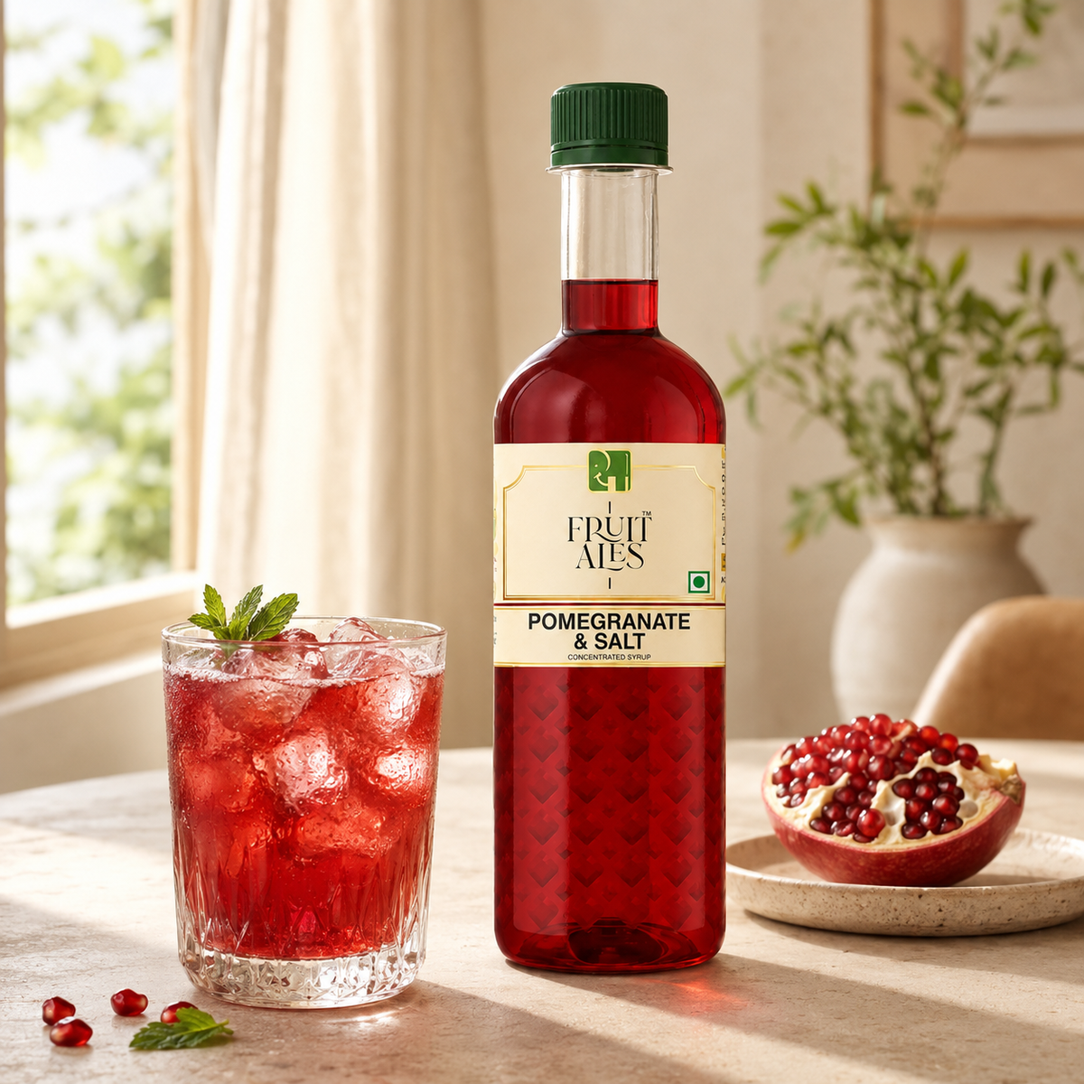 A bottle of Fruit Ales Pomegranate & Salt syrup stands on a table beside a glass of red iced drink with mint, with a pomegranate half and scattered seeds nearby in a softly lit indoor setting.