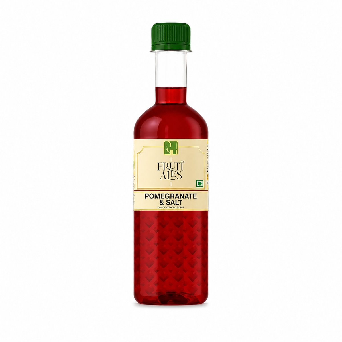 A bottle of Fruit Ales Pomegranate & Salt, featuring a clear glass bottle filled with deep red liquid, a green screw cap, and a cream-colored label with green and black text.