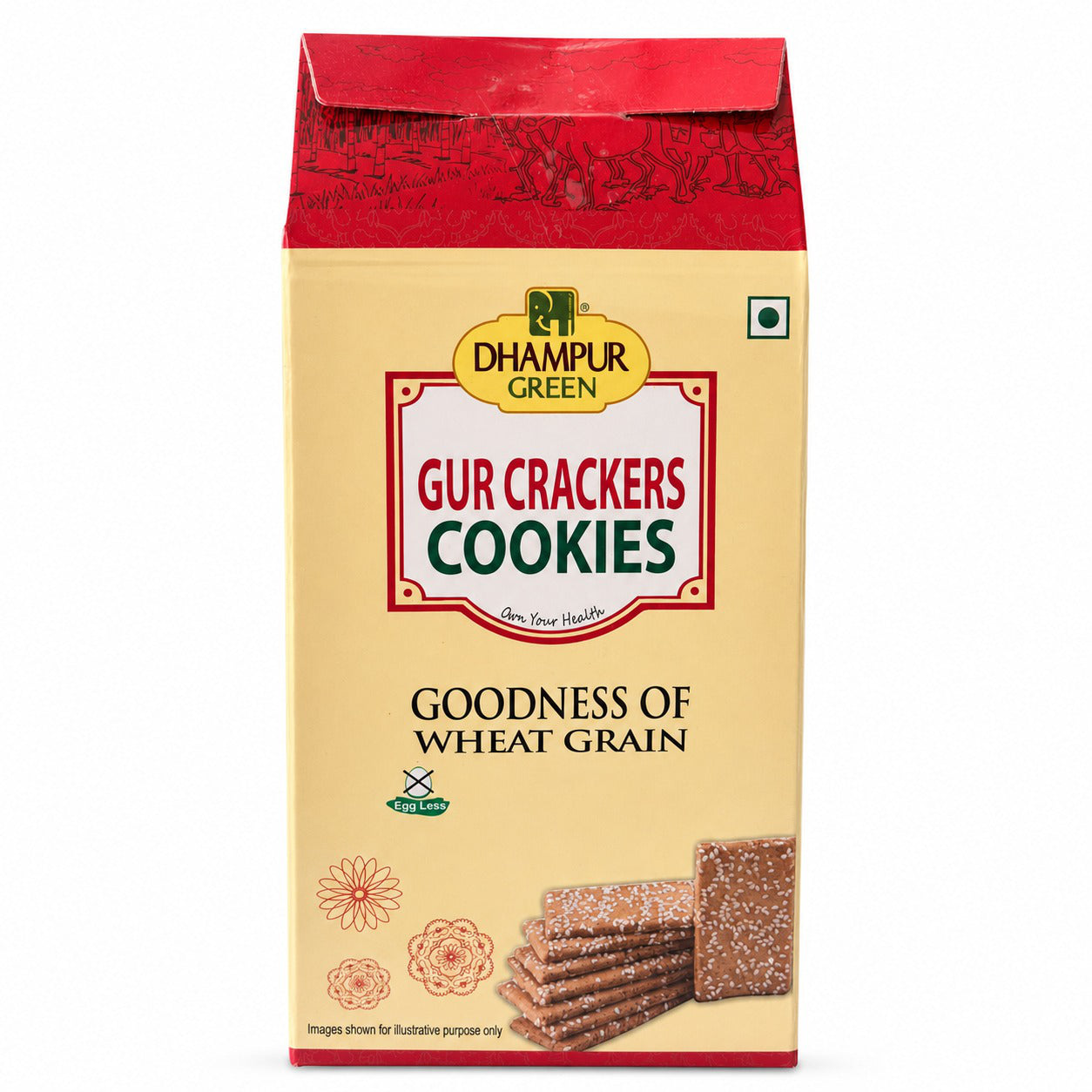 A package of Dhampur Green Gur Crackers Cookies, featuring a cream-colored box with a red top flap and a yellow brand logo, set against a plain white background. Eggless cookies
