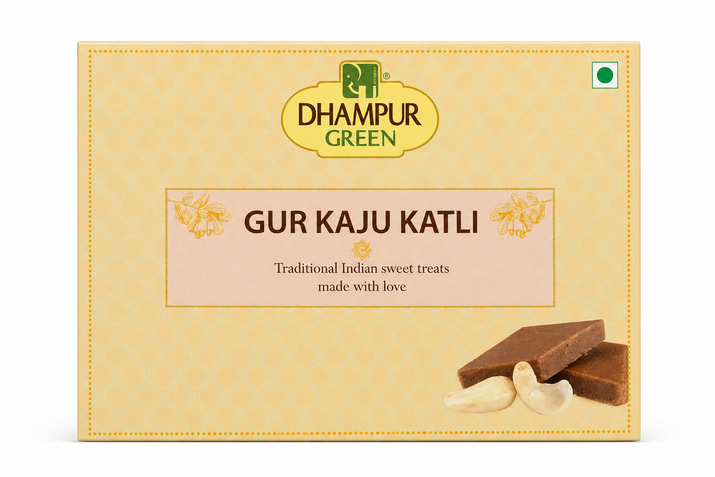Dhampur Green Gur Kaju Katli sweet treat box in pale yellow packaging, featuring the brand logo, product name, and an illustration of chocolate pieces with cashews on a white background.