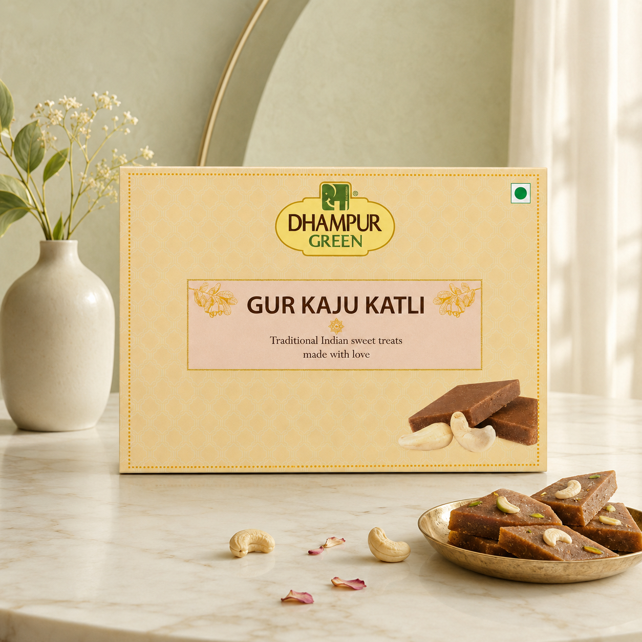 Dhampur Green Gur Kaju Katli sweet treat box on a marble tabletop, styled with cashews, dried flowers, and a plate of the treats in a soft neutral interior setting.