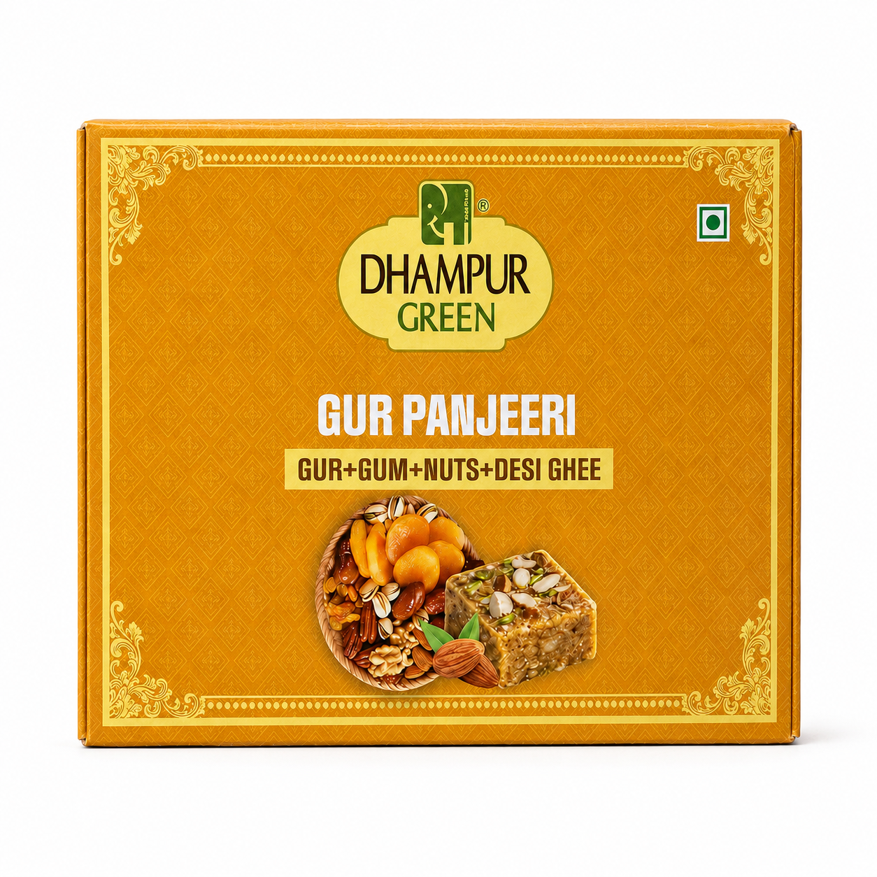 A box of Dhampur Green Gur Panjeeri on a plain white background. The packaging is a warm golden yellow with ornate gold borders, featuring the brand logo and product name in white and green text, along with a small food photograph showing the granola bar.
