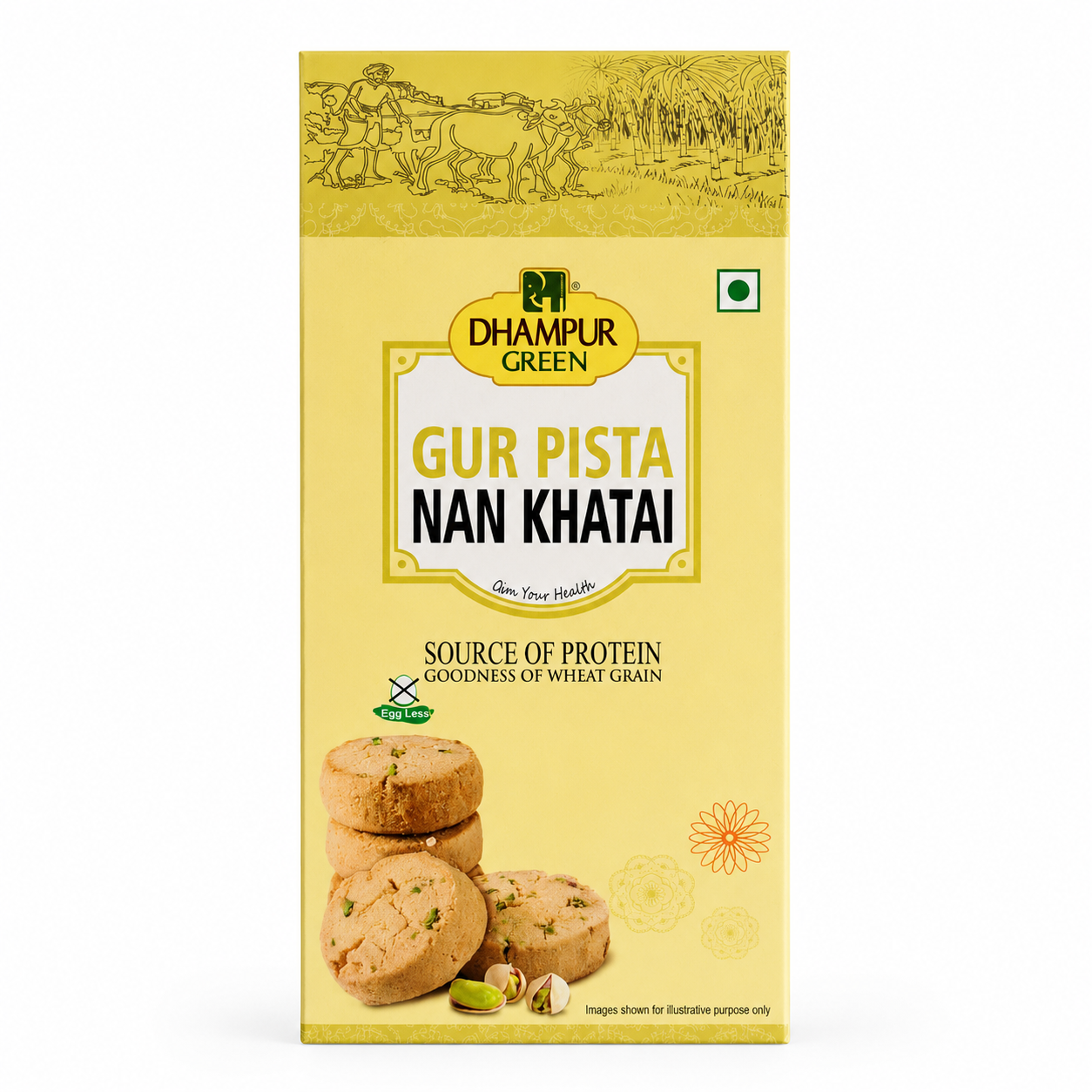 A package of Dhampur Green Gur Pista Nan Khatai, featuring a light yellow box with illustrations of wheat, pistachios, and the baked cookies on the front.