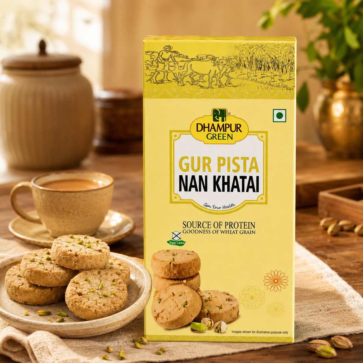 A box of Dhampur Green Gur Pista Nan Khatai cookies stands on a table beside a cup of tea, a plate of cookies, and pistachio pieces. The packaging is light yellow with green and black text, and the cookies are beige with green pistachio flecks.