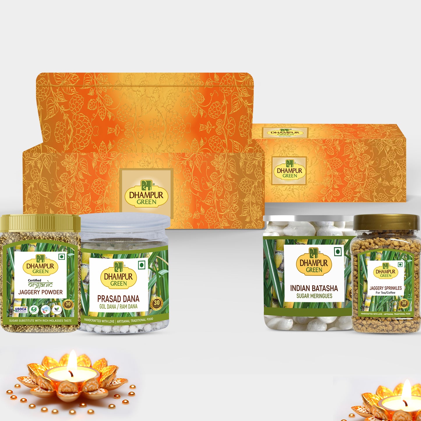 
                  
                    Dhampur Green Indian Sugar Batasha Batashe,  Prasad Dana,Jaggery Sprinkles & Organic Jaggery Powder Jar Combo for Puja Worship Sweet Mithaai,No added Chemical Color Preservatives,900g
                  
                