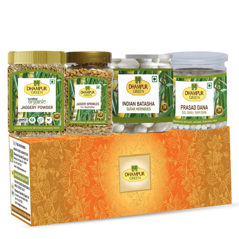 Dhampur Green Batasha, Prasad Dana,Jaggery Sprinkles & Organic Jaggery Powder Jar Combo-900gm - Dhampur Green