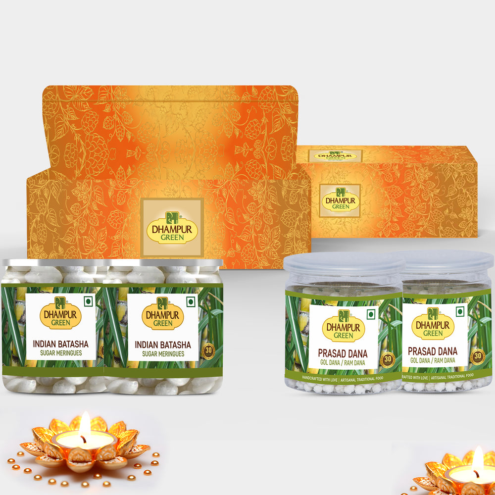 
                  
                    Dhampur Green Spice-Infused Prasad Treasures Combo: Indian Batasha and Prasad dana- 1.15kg
                  
                