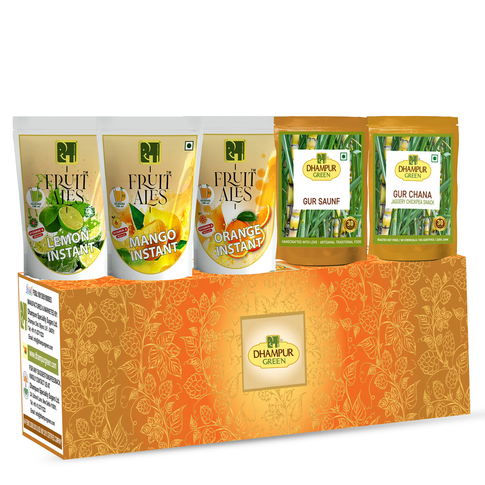 Dhampur Green Delicious Combo (Pack of 5) : Instant Orange, Lemon, Mango Beverages, Gur Chana, Gur Saunf - 600g Combo