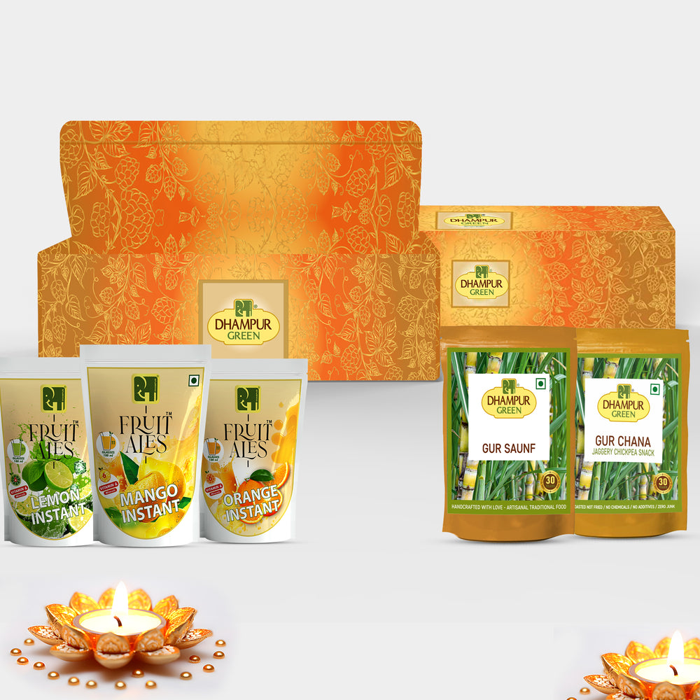 
                  
                    Dhampur Green Delicious Combo (Pack of 5) : Instant Orange, Lemon, Mango Beverages, Gur Chana, Gur Saunf - 600g Combo
                  
                