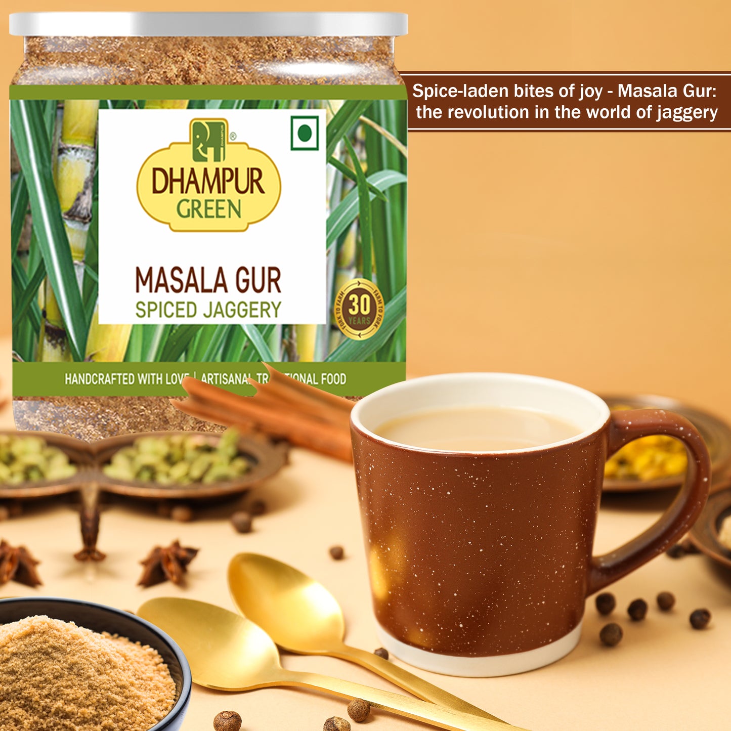 
                  
                    Dhampur Green Spiced Jaggery with Organic Brown Sugar,Haldi Masala doodh,Herbal Infusion Kadha & Masala Gur with Organic Jaggery combo 1kg
                  
                