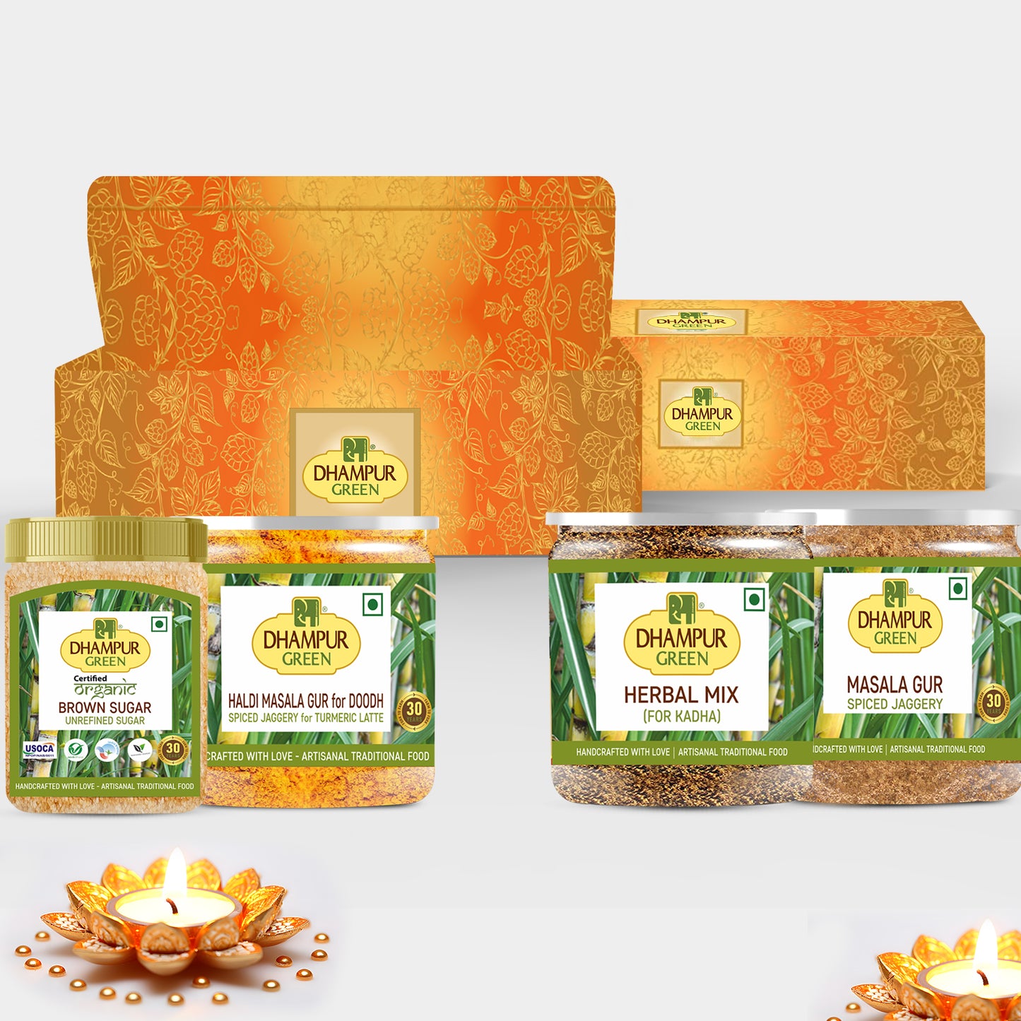 
                  
                    Dhampur Green Spiced Jaggery with Organic Brown Sugar,Haldi Masala doodh,Herbal Infusion Kadha & Masala Gur with Organic Jaggery combo 1kg
                  
                