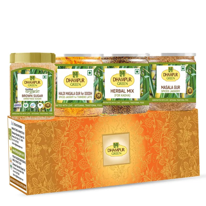 Dhampur Green 1kg Spiced Jaggery with Organic Brown Sugar,Haldi Masala doodh,Herbal Infusion Kadha & Masala Gur with Organic Jaggery combo - Dhampur Green